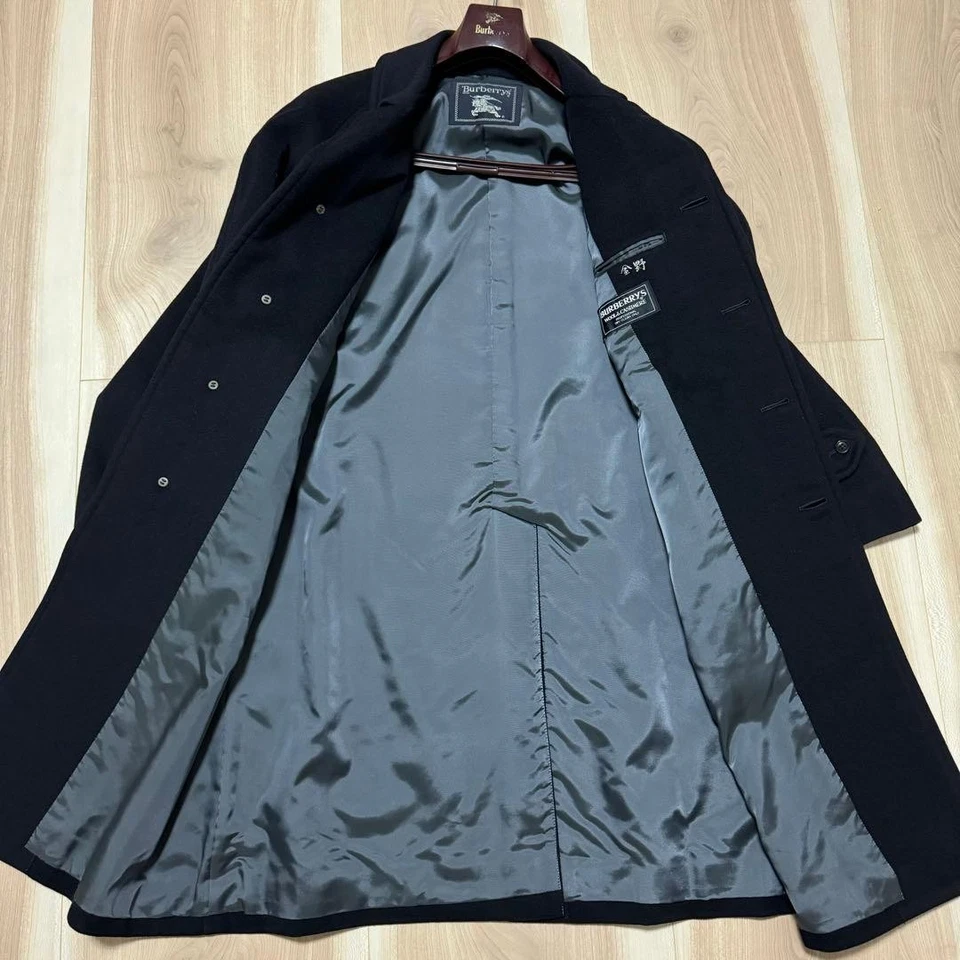 Burberry Wool Cashmere Balmacaan Long Coat Dark Navy Men's Hidden Button Vintage - Image 3 of 4