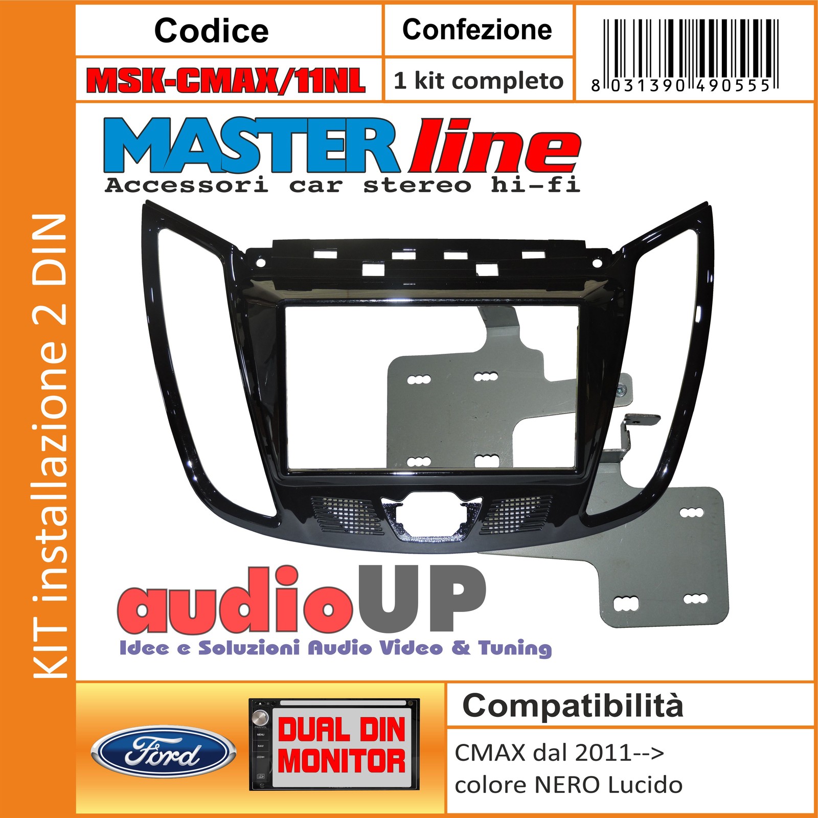 Mascherina Autoradio 2 DIN Ford C-Max 2011 Kit Montaggio Nero Lucido