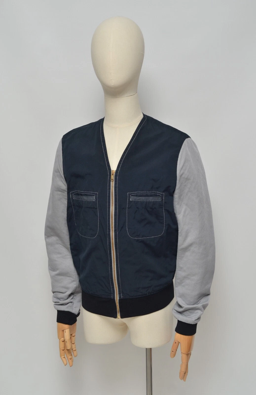 BALENCIAGA Paris lussuosa giacca bomber uomo grigio e blu lino cerniera intera taglia 48