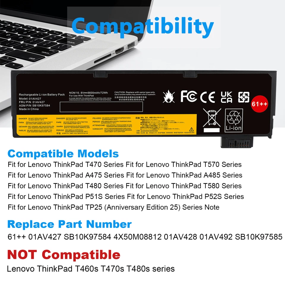 🔥LOTE 61++ 72Wh Batería para Lenovo ThinkPad T470 T480 T570 T580 01AV492 01AV427 Foto 3 de 4