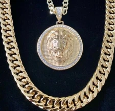 Men's Lion Charm Pendant Chain Solid 18K Yellow Gold AAA CZ *LIFETIME WARRANTY*