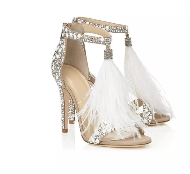 Rhinestone White Feather High Stiletto Heel Tassels Roma Womens