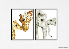 Watercolour Elephant and Giraffe Print Set - Mother Baby Animals