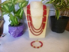 Conjunto de collar/pulsera del suroeste de los nativos americanos de coral rojo y oro