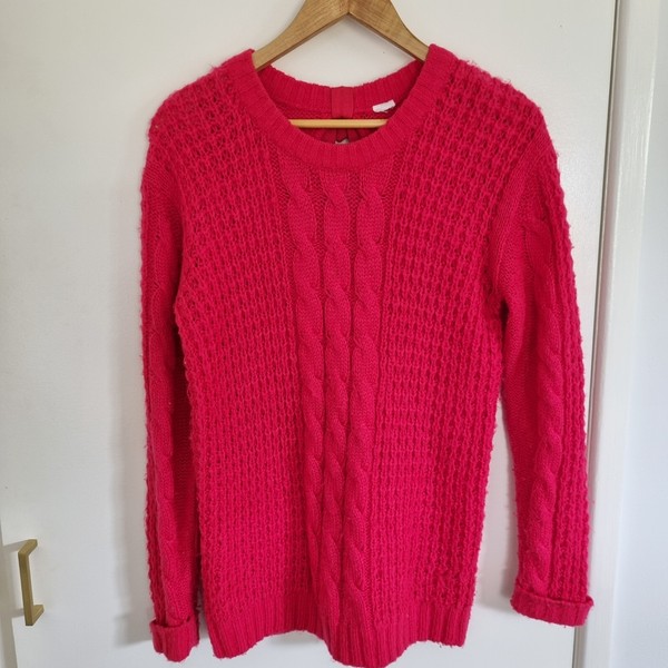 Womens Medium Pink Chunky Cable Knit Pullover Jumper With Bow back