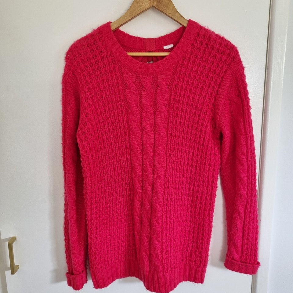 Womens Medium Pink Chunky Cable Knit Pullover Jumper With Bow back