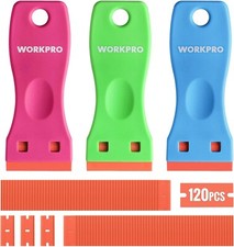 WORKPRO 3 Pcs Plastic Razor Blade Scraper with 120 Pcs Plastic Razor Blades NEW