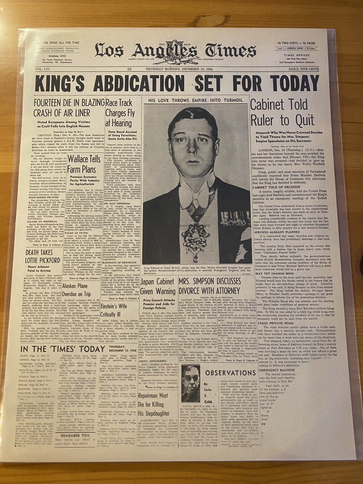 VINTAGE NEWSPAPER HEADLINE KING EDWARD VIII ABDICATION OF THE ROYAL