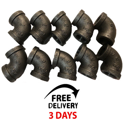 LOT OF(10)3/8INCH BLACK MALLEABLE IRON PIPE THREADED 90° ELBOW FITTINGS PLUMBING