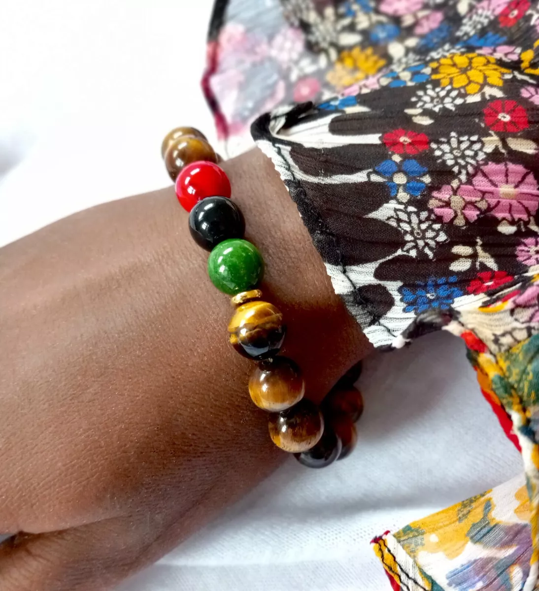 Pan African Flag Bracelet Tiger Eye Bead Rasta Jamaica Africa Pride Boho