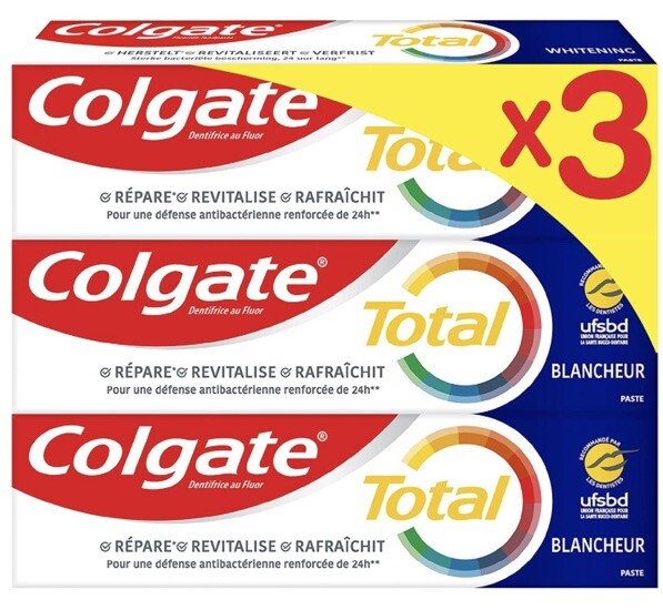 Dentifrice Colgate Total anti taches lot de 3 de 75ml contre le jaunissement des dents