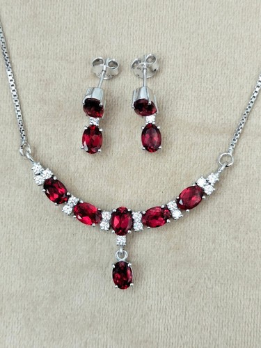 4.00Ct Oval Cut Lab Created Red Garnet Women's Jewelry Set 14K White Gold Plated - Picture 6 of 7