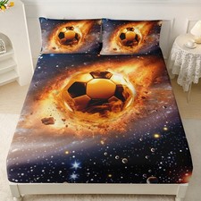 3D Soccer Fitted Sheet Set Twin XL Size, Fire Football Bedding Set for Kids,B...