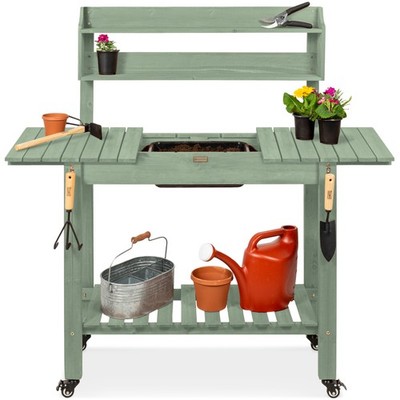Best Choice Products Wood Potting Bench Sliding Tabletop Food Grade Dry Sink