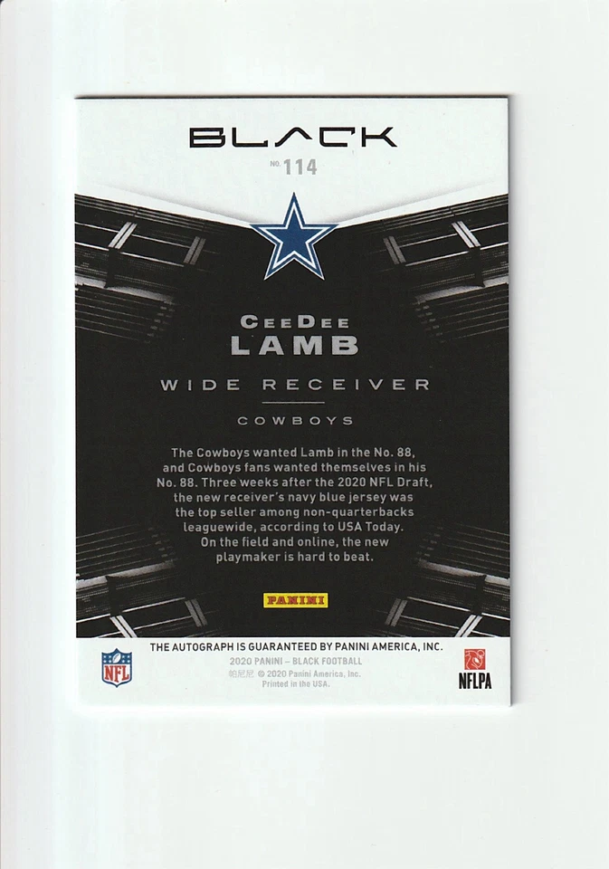 2020 Panini Black Ceedee Lamb RC Auto Copper # /10 Dallas Cowboys - Image 2 of 2
