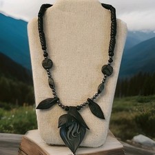 Vintage Set Necklace  Earrings Black Beads Clay & Hematite Handmade Jewelry B3