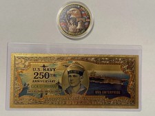 Rare US Navy (250TH Anniversary) Gold foil Banknote. USA Coin (Dual-Date) Both.