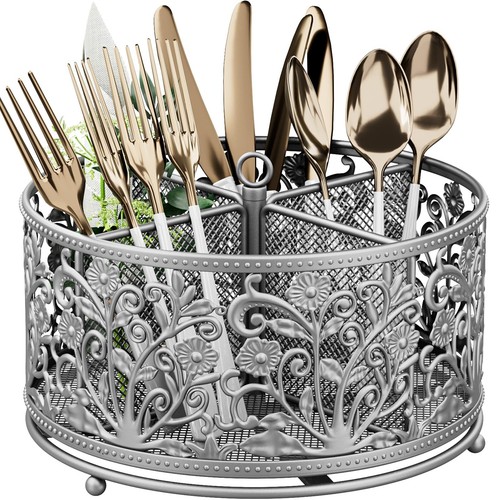 360° Rotating Utensil Caddy - Silverware Cutlery Caddy Holder with 4 Compartm...