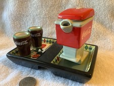 RARE Vintage Coca Cola Ceramic Split Dish 2 Mini Mugs + Mini Dispenser Doll Size