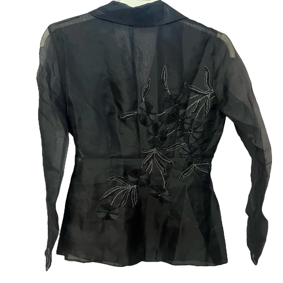 Blusa Tahari Floral Bordada Con Cuentas Talla 4 Seda Organza Transparente Con Botones Foto 3 de 4
