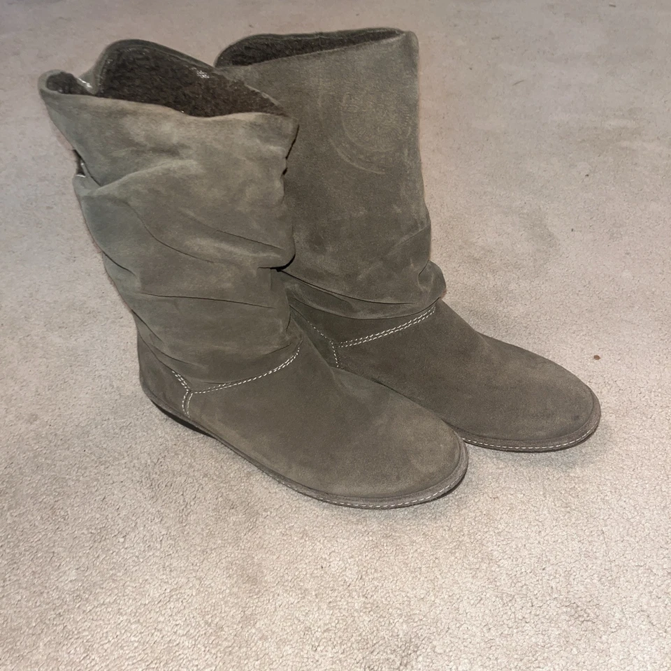 Lands End Boots Womens 8.5 Suede Brown Faux Fur Lined Mid Calf Slip On Winter - Image 4 of 4