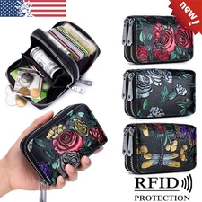 Womens RFID Genuine Leather Wallet Small Accordion Purse Double Zipper Pocket