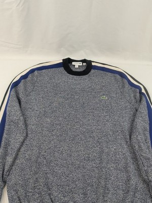 Lacoste Mens Sweater Gray Pure New Wool Crew Neck Blue Black Stripe Hem Size XL