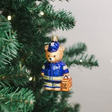 Old World Christmas EMT Teddy Bear Glass Blown Ornament With OWC Box 