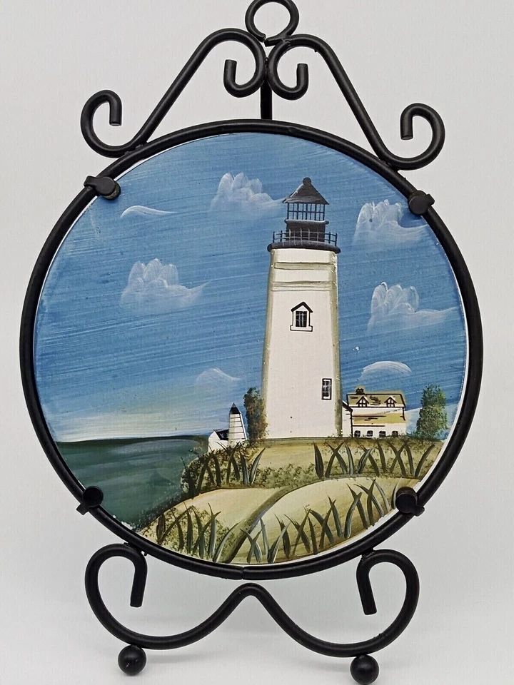 Cuadro de vidrio faro pintado a mano marco de metal negro caballete decoración náutica Foto 4 de 4