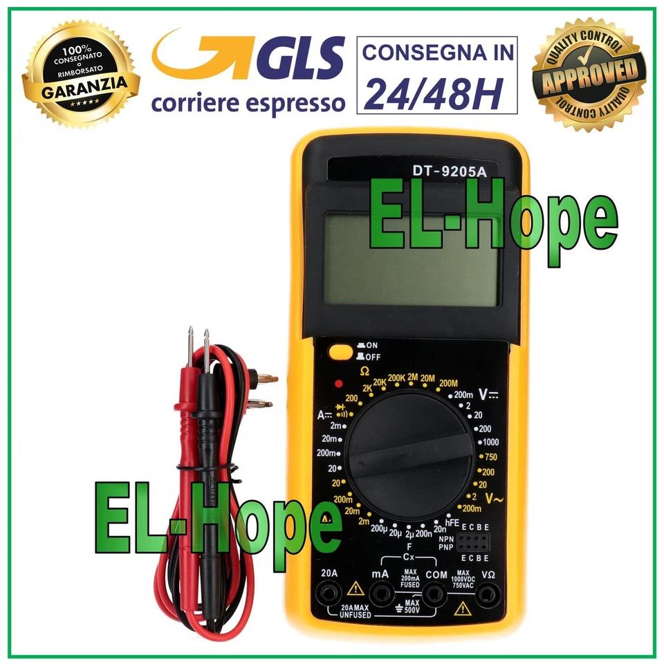 TESTER MULTIMETRO DIGITALE PROFESSIONALE DT9205A + COPPIA PUNTALI VOLT AMPERE