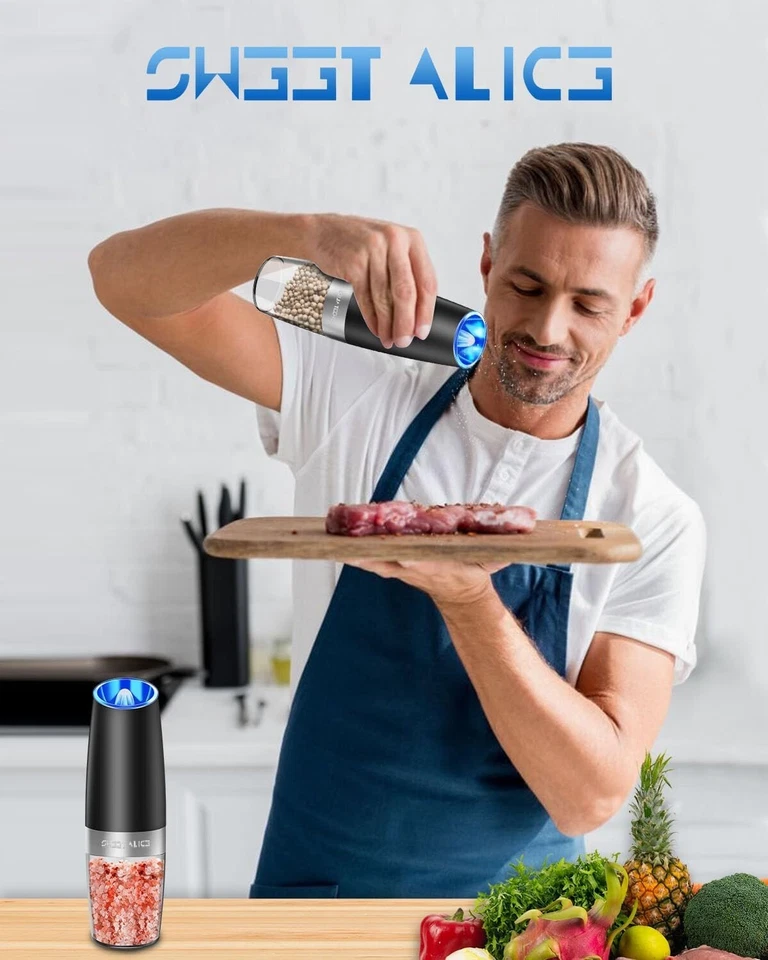 Paquete de 2 molinillos de sal y pimienta eléctricos por gravedad agitadores ajustables automáticos Foto 3 de 4