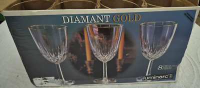 New! Luminarc Diamont Gold trim Goblets ~ Set of 8 ~ 10.5 oz ~ diamond cut glass