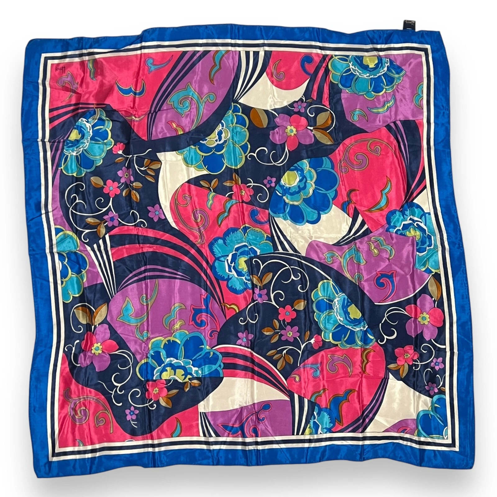 Vintage Honey Blue Pink Retro Flower Retro Groovy 100% Silk Scarf Square