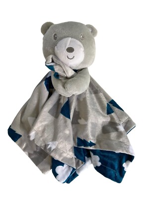 Baby Essentials Bear Lovey Blanket 14   Blue Teal Gray Clouds Trees Mountains