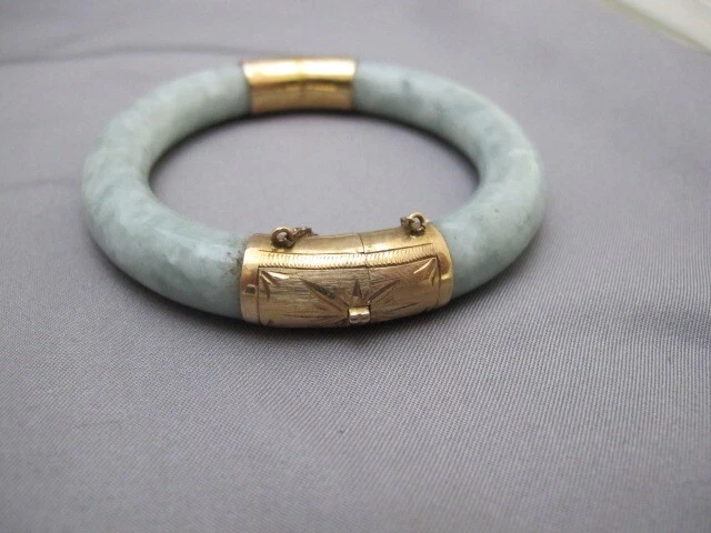 Винтажный 14K золото и нефрит Гонконг китайский шарнирный браслет-6 1/4 дюйма - Изображение 4 из 4