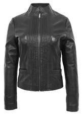 Womens Real Leather Biker Jacket Casual Standing Collar Style Ivy Black