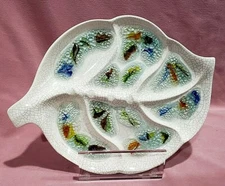 11.5" Leaf Shaped Dish White Crackle Glaze Finish Clear Resin - Fish in Water