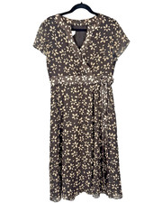 Talbots Petite Silk Faux Wrap Floral Dress Brown V-Neck Short Sleeve 12P EUC