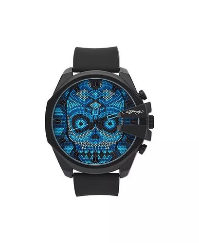 Men's Ed Hardy Watch - Blue Skull - Black Silicone Adjustable Strap - Picture 1 of 10