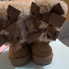 Baby Brown/Beige Faux Suede Bootie Faux Fur Lined Zip Bow Accent US 5