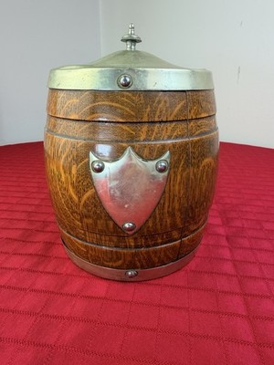 Antique Victorian English Oak Biscuit Barrel EPNS Silver Plate Porcelain Lined