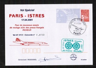Concorde Air France 2001 Flown Cover Paris Istres Signed by Pilot