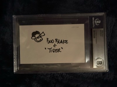 Signed Tiger Sketch Comic Strip Artist BUD BLAKE 3x5 Index Card BAS Beckett Slab