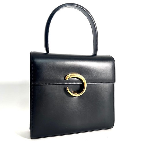 Cartier Panthere Handbag Top Handle Calf Leather Black Gold Hardware