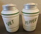 VTG Salt Pepper Shakers HAZEL ATLAS White Milk Glass Green Lettering Green 1940s