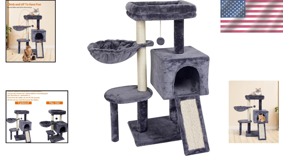 Stylish Smoky Grey Cat Tree with Hammock & Scratching Posts for Indoor Cats - Image 2 of 4