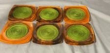Vtg MCM Lucite Acrylic Coaster Set Faux Tortoise Shell Rattan Swirl Set 6 Green