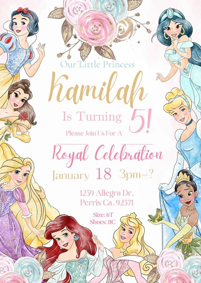 Digital Disney Princesses Birthday Party Invitation Personalized Texts 1 - Image 2 of 4