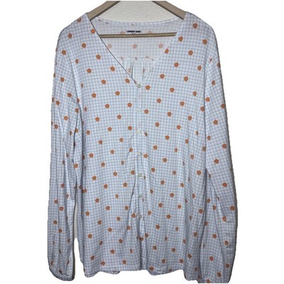 Lands End  Blue White & Orange Spring Polk Dot SpringGingham Button Top. Size XL