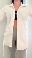 Calvin Klein Oversized Shirt Dress White CK Logo Stripe Tie Waist Women's L